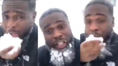 Ghanaian Guy Trends Online As He Eats Snow Like Popcorn In America - Video Below