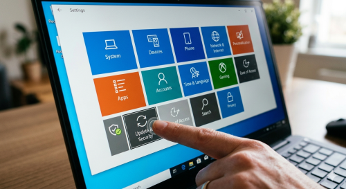 A close-up of a finger clicking the 'Update and Security' button in the Windows settings menu