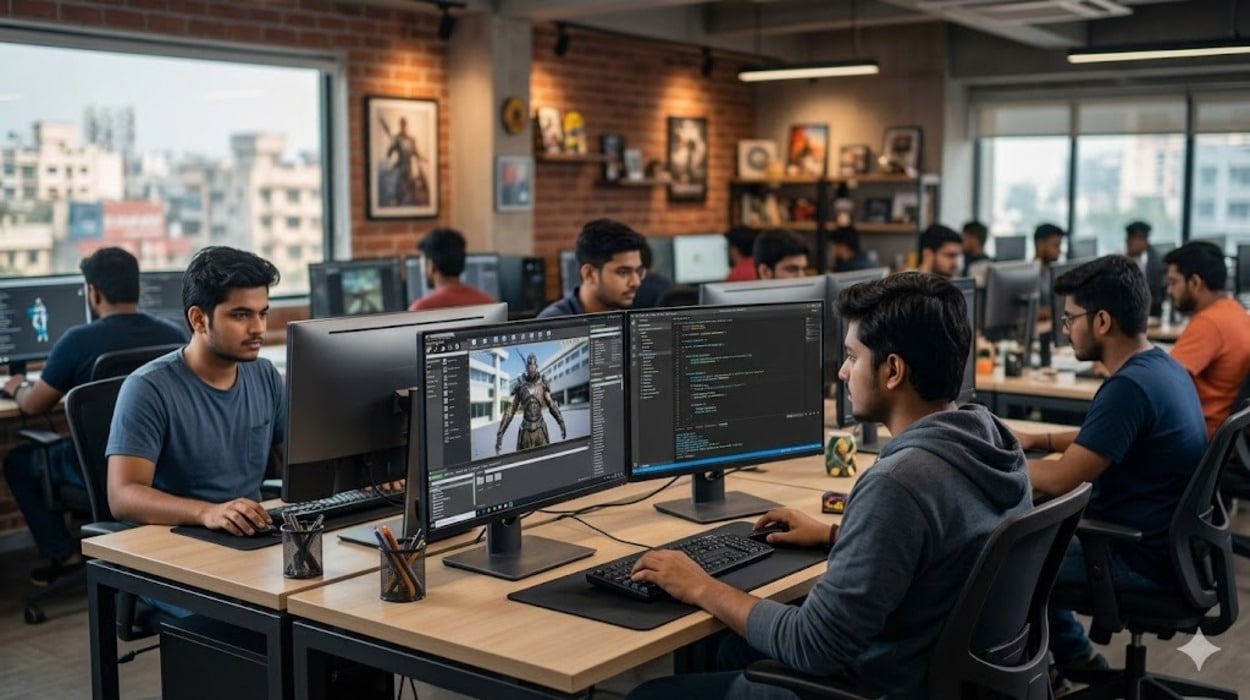 The True Economics of Game Development in India: Beyond the Cost Myth 1 A professional, focused open-plan game development studio in an Indian tech hub. Young developers work intently at dual-monitor stations (one showing code, one showing complex 3D rendering in Unreal Engine), highlighting the high infrastructure costs required.