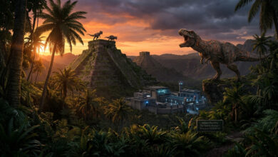 A cinematic view of the new InGen facility and ancient Mayan ruins on Île Saint-Hubert, featuring mutant dinosaurs like the Distortus rex from the Jurassic World Evolution 3 Rebirth Expansion.