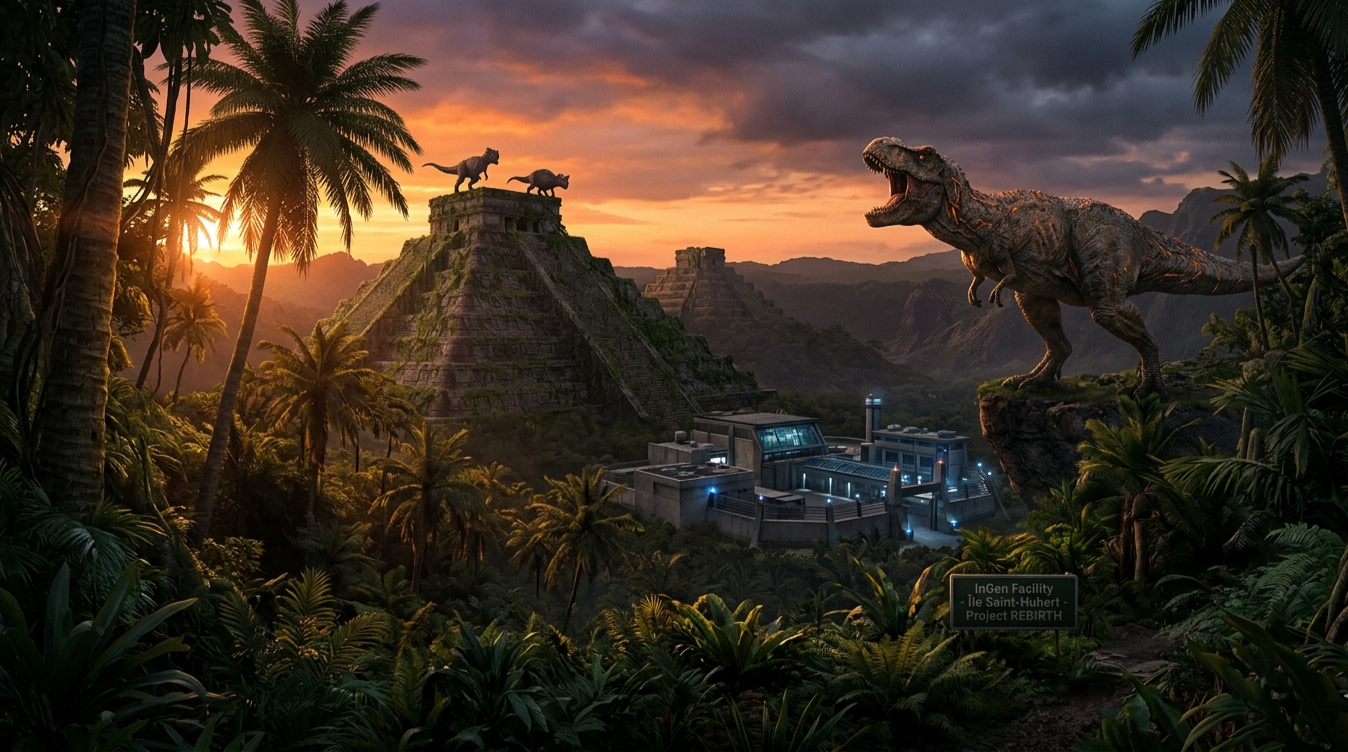 Jurassic World Rebirth: From Cinematic Controversy to Gaming Redemption 1 A cinematic view of the new InGen facility and ancient Mayan ruins on Île Saint-Hubert, featuring mutant dinosaurs like the Distortus rex from the Jurassic World Evolution 3 Rebirth Expansion.