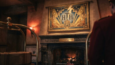 Restored Hollywood Tower Hotel tapestry above the fireplace inside the Twilight Zone Tower of Terror at Disney Adventure World