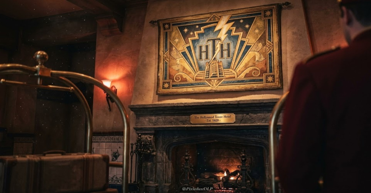 Restored Hollywood Tower Hotel tapestry above the fireplace inside the Twilight Zone Tower of Terror at Disney Adventure World