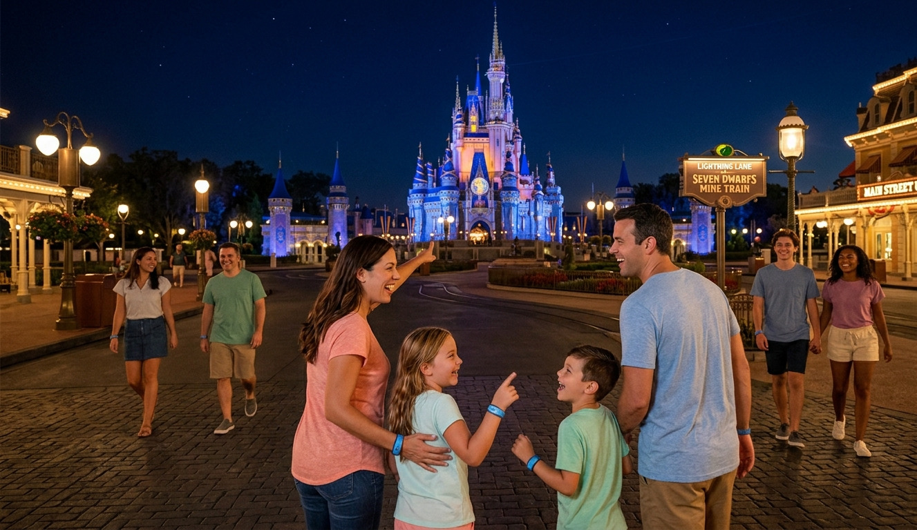 Summer at Disney World: 5 Essential Perks Every Resort Guest Should Know 3 A relaxed family of Deluxe Disney World Resort Guests enjoys a rare, crowd-free view of Cinderella Castle during exclusive Extended Evening Hours, maximizing their nighttime park experience