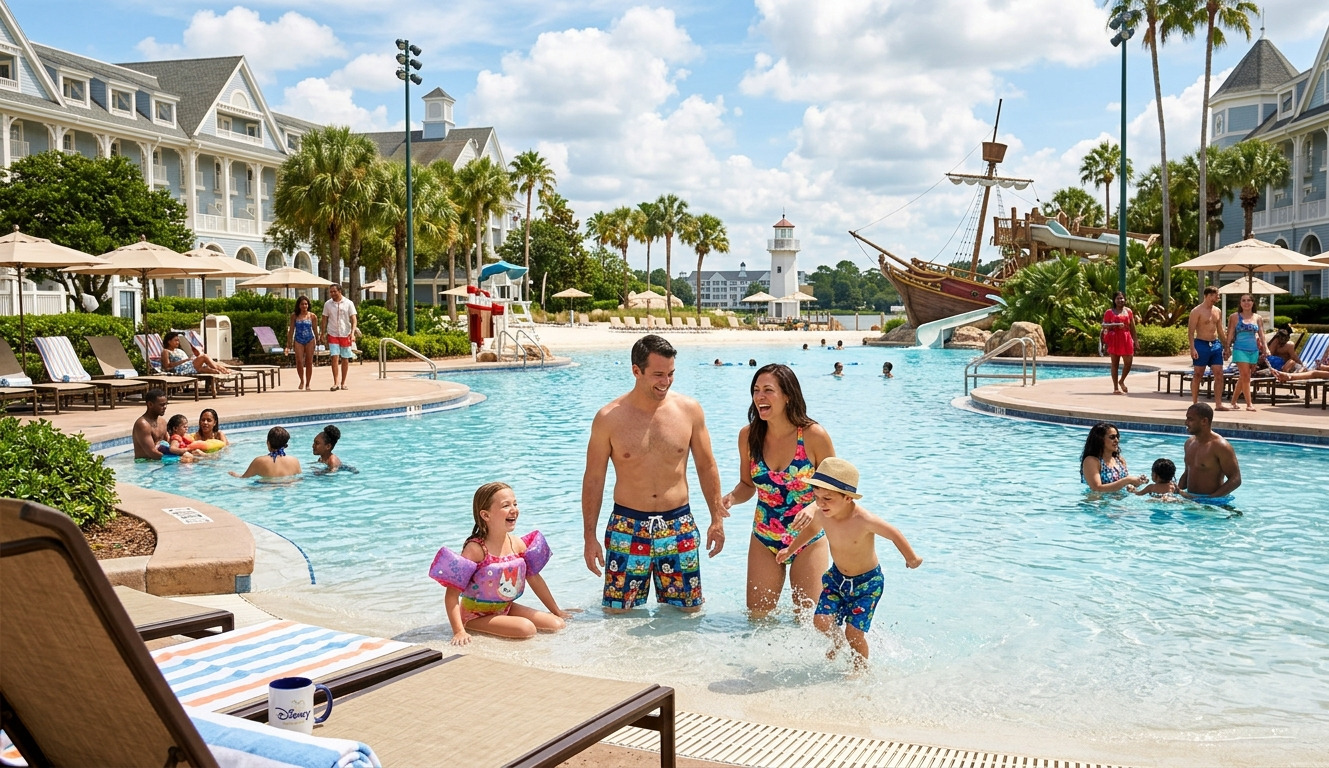Summer at Disney World: 5 Essential Perks Every Resort Guest Should Know 1 A happy family of Disney Resort Guests enjoys the massive pool at their hotel while checking in, visually emphasizing the complimentary water park access perk available on their first day