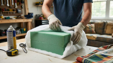 A close-up view of a DIY enthusiast wrapping new high-density upholstery foam with white Dacron batting for a couch cushion refresh, with spray adhesive and tools in the background