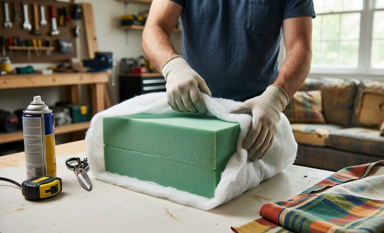 A close-up view of a DIY enthusiast wrapping new high-density upholstery foam with white Dacron batting for a couch cushion refresh, with spray adhesive and tools in the background