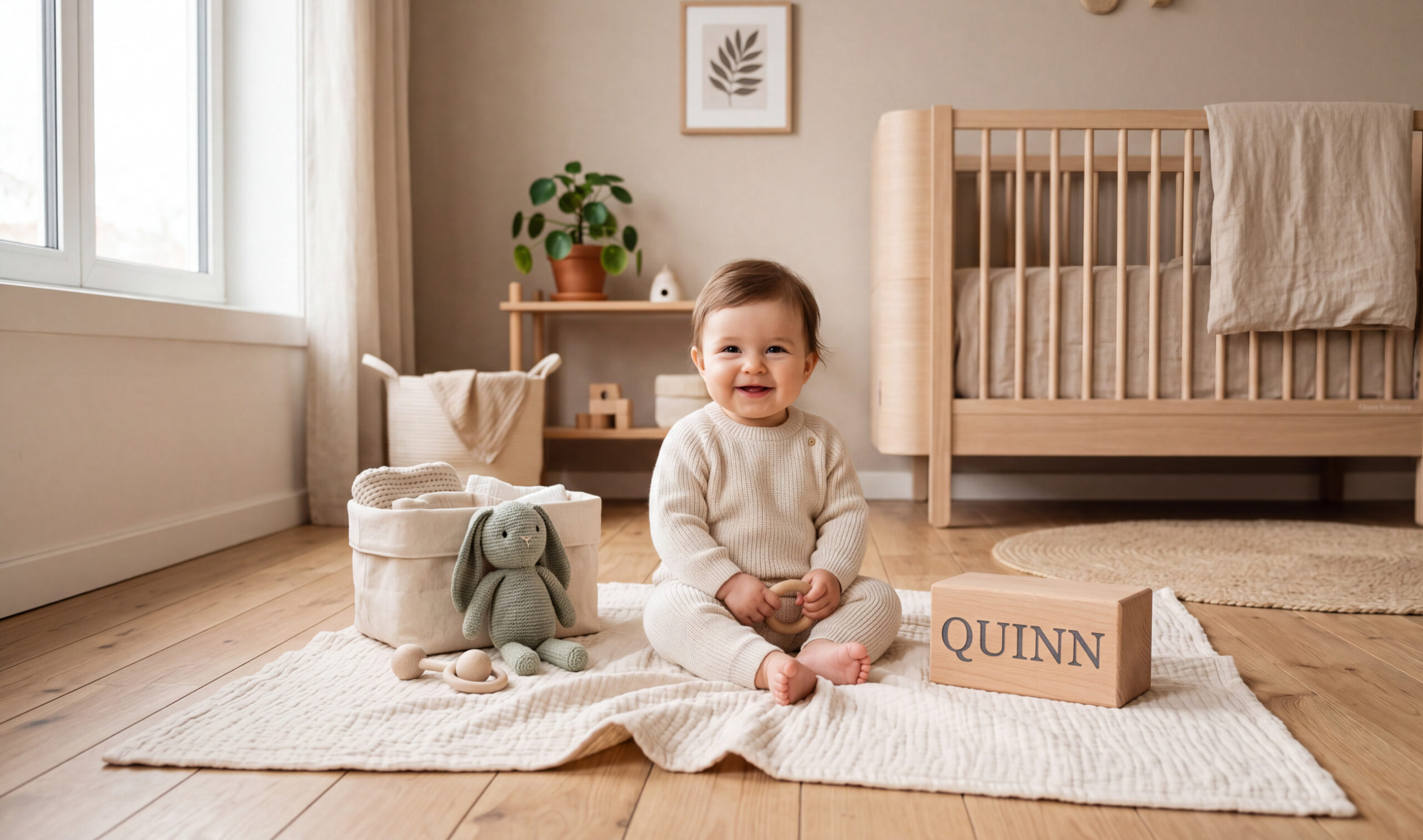 Beyond Pink and Blue: The Rise of Gender-Neutral Baby Names for Modern Parents 2 A cozy, minimalist nursery setup with a wooden baby block showing a gender-neutral name