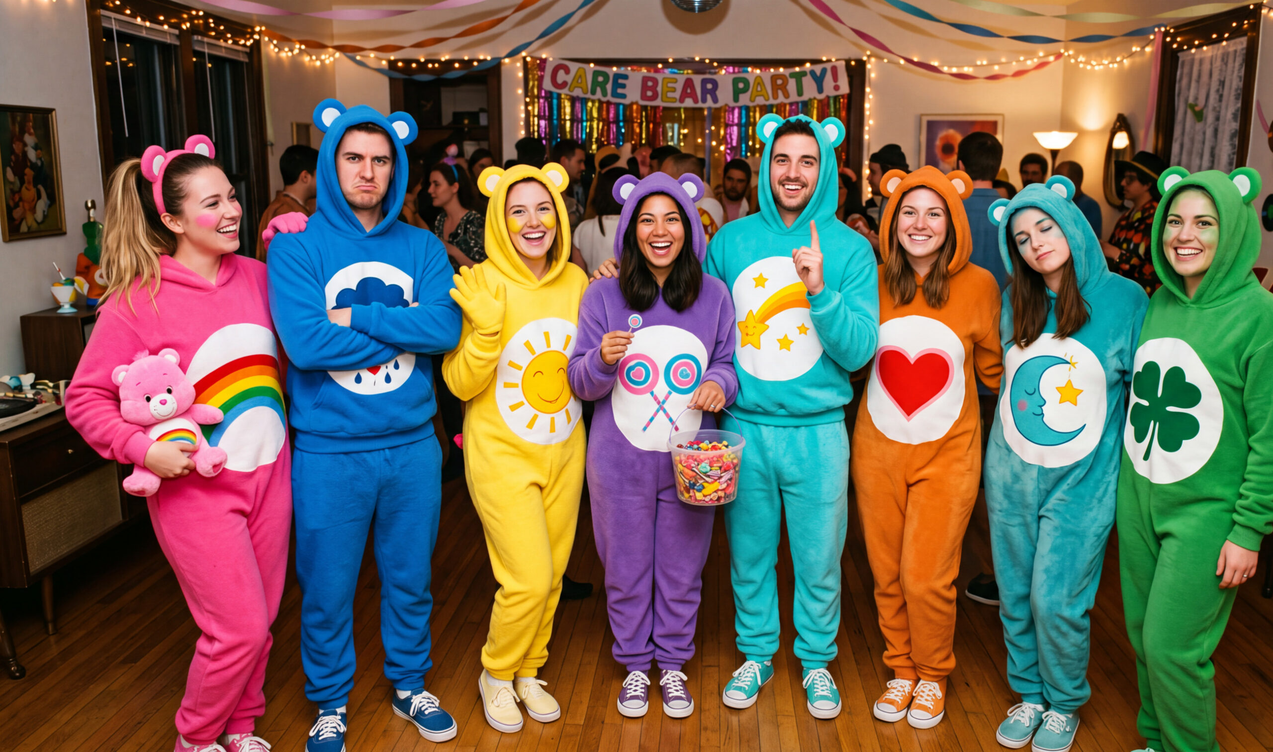 Squad Goals: The Ultimate Guide to Group Halloween Costumes Everyone Will Love 3 A creative group DIY costume displaying colorful retro Care Bears