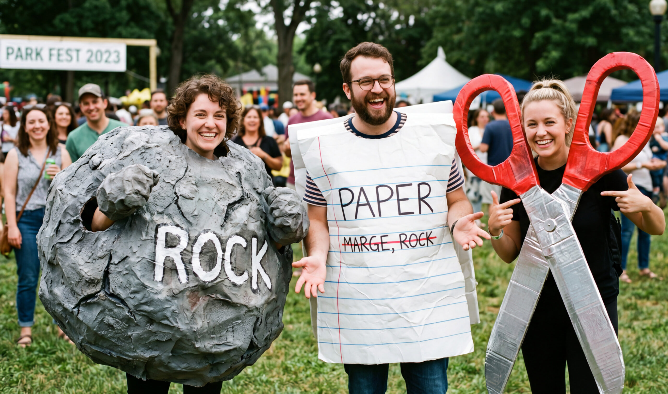 Squad Goals: The Ultimate Guide to Group Halloween Costumes Everyone Will Love 4 A trio of friends dressed up as a hilariously giant Rock, Paper, Scissors game
