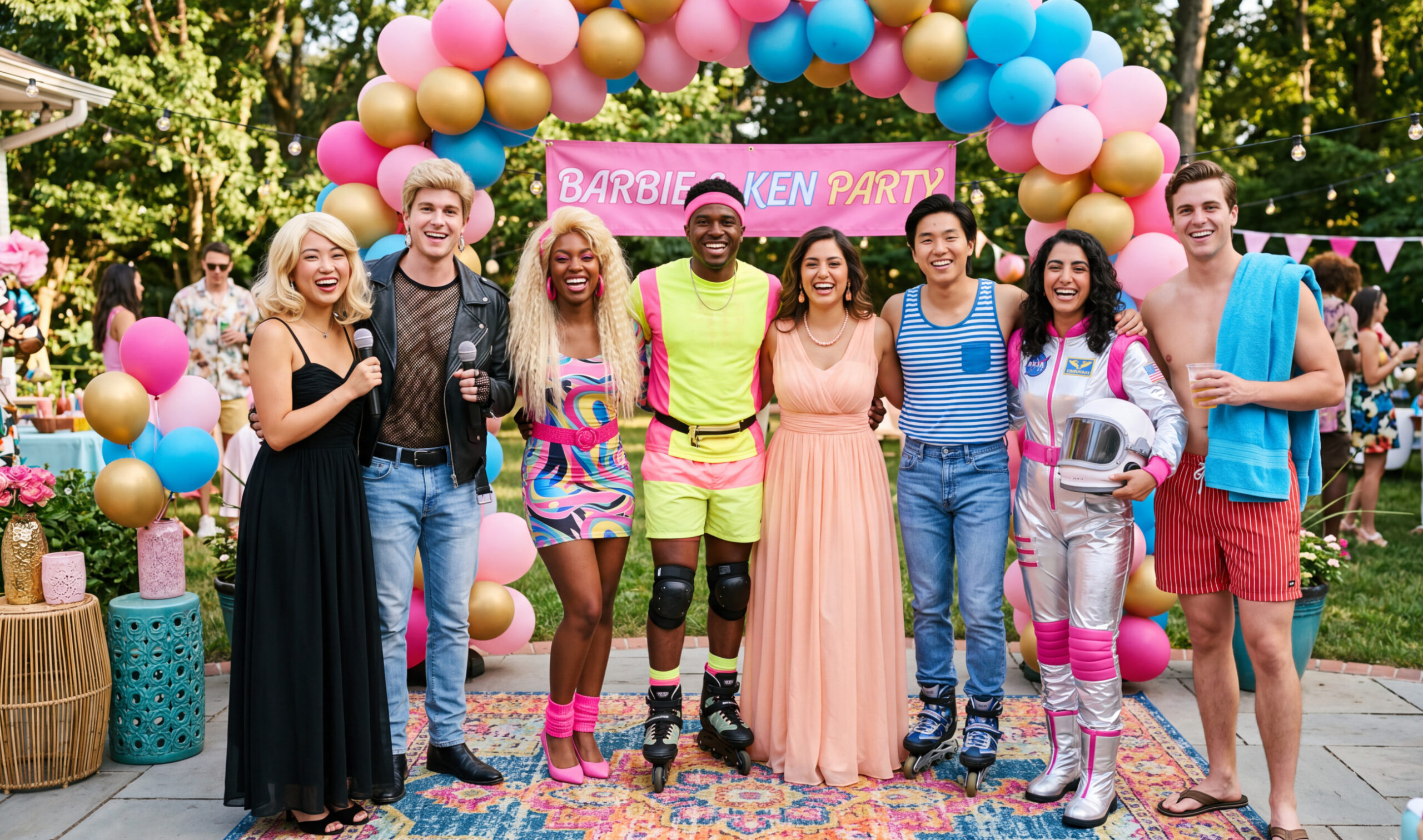 Group of friends dressed as various iconic Barbie and Ken characters