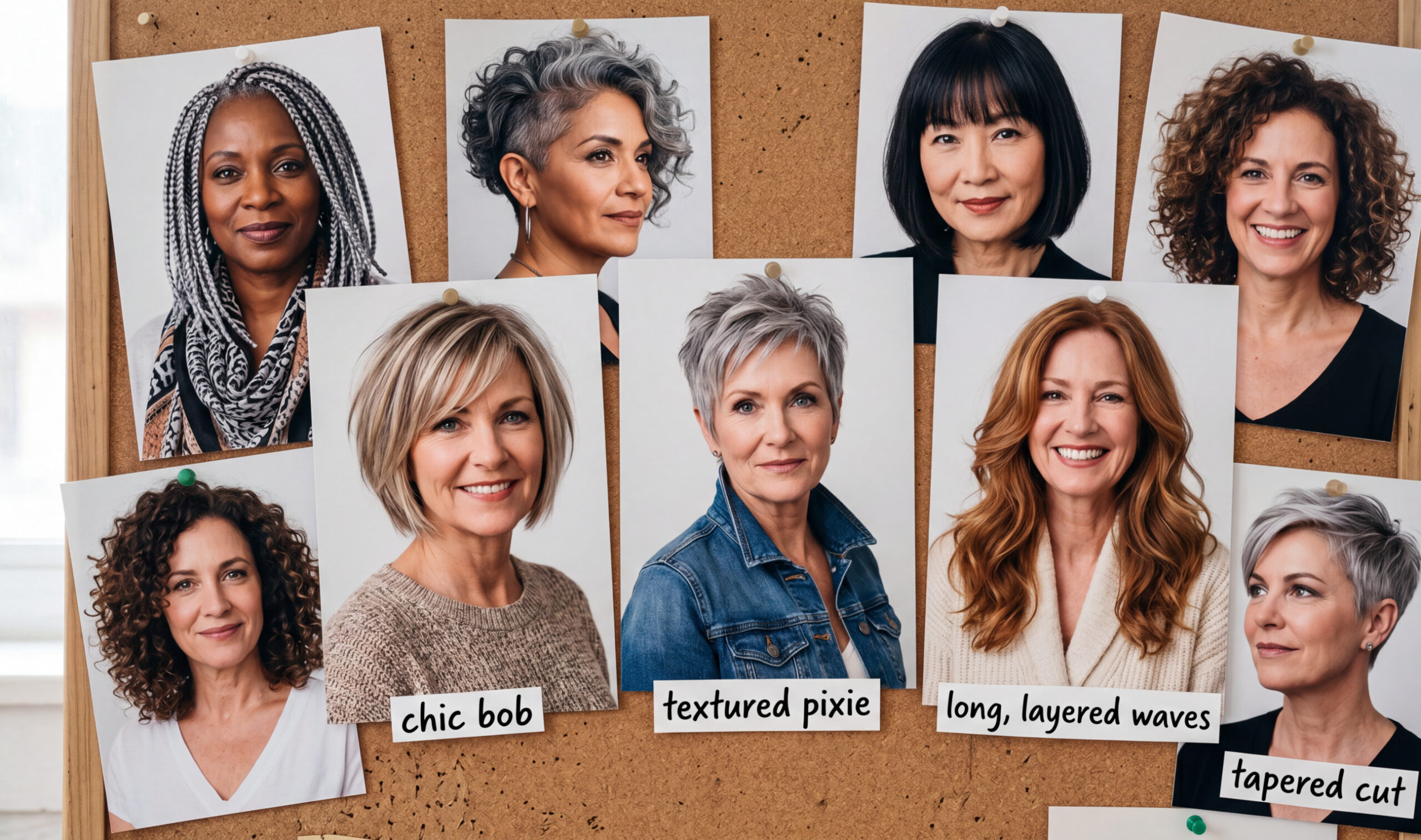 Ageless Elegance: The Ultimate Guide to Flattering Haircuts for Mature Women 3 A collage of mature women with diverse, stylish haircuts, including a chic bob, a textured pixie, and long, layered waves.