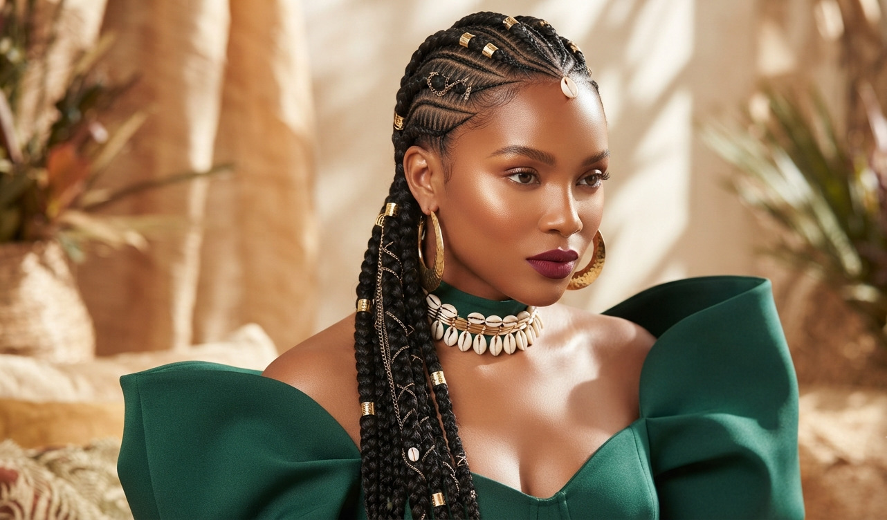 Crowned in History and Style: The Ultimate Cornrow Hairstyles You Need to Try Right Now 2 A polished, cascading braid style accessorized with high fashion elements.