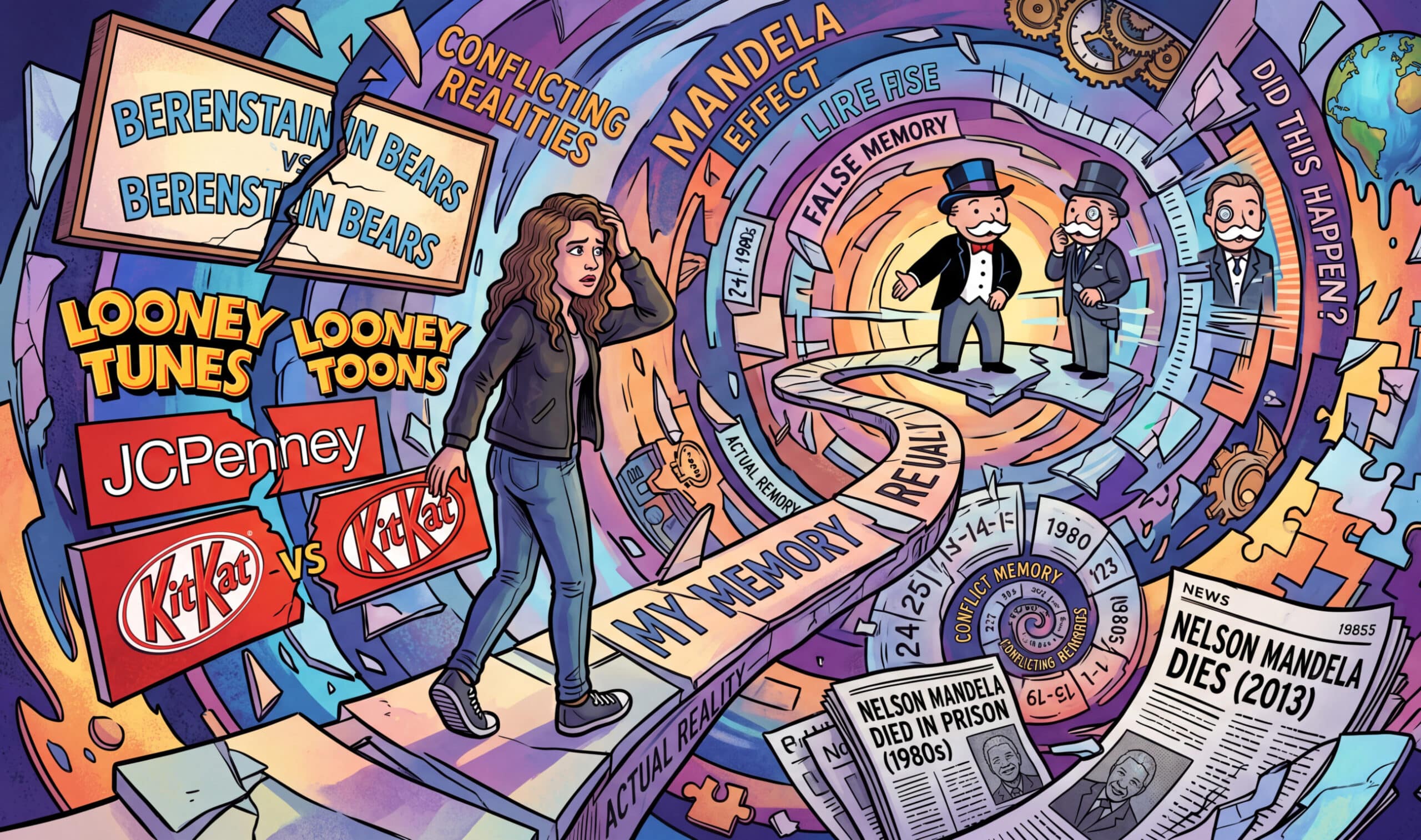 Mind-Bending Mandela Effect Examples: Why Our Memories Deceive Us 2 A collage representing common Mandela Effect examples like the Monopoly Man and cartoon characters